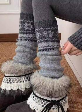 费尔岛泡泡袜套秋冬针织灰色小腿袜y2k耶诞节雪花中筒腿套女保暖