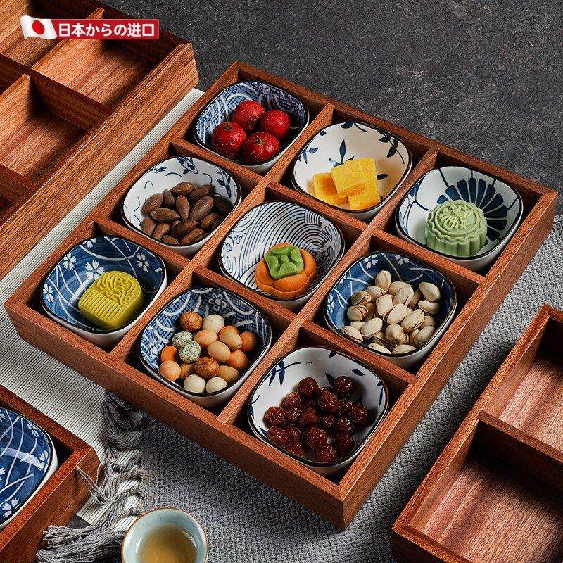 日本实木九宫格托盘客厅分格果盒坚果零食盘围炉煮茶点心干果盘