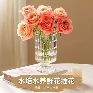 北欧ins风复古轻奢浮雕高脚玻璃花瓶透明餐桌摆件水培鲜花插花器