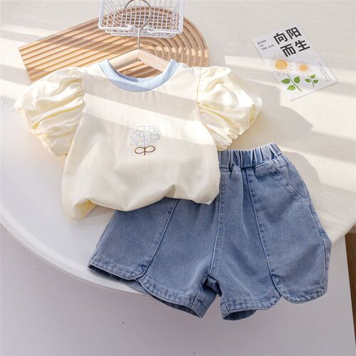 新款夏季女宝宝短袖牛仔短裤两件套夏款1女童韩版套装纯棉半袖T恤