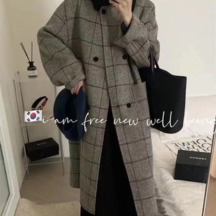 大格纹双面呢羊绒大衣女加厚外套中长版秋反季人字纹复古毛呢外套
