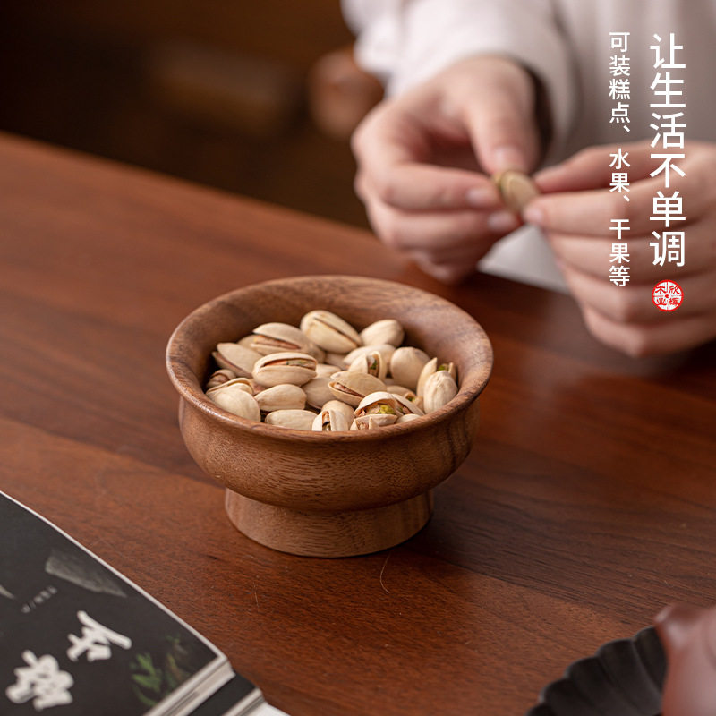 跨境木质奶茶碗果碟实木盘子木碗干果高脚盘木制水果盘感果盘