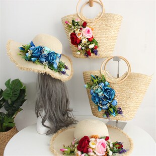 新款手工编织包女小清新花朵手提包草编包海边度假休闲度假沙滩包