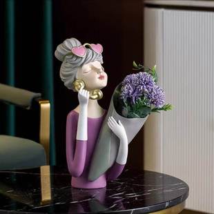 北欧捧花女孩插花花瓶摆件样板间玄关客厅家居插花装 饰品乔迁礼品