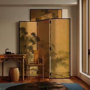 美学中式 宋式 荷亭消夏图屏风隔断客餐厅卧室玄关茶室背景实木折屏