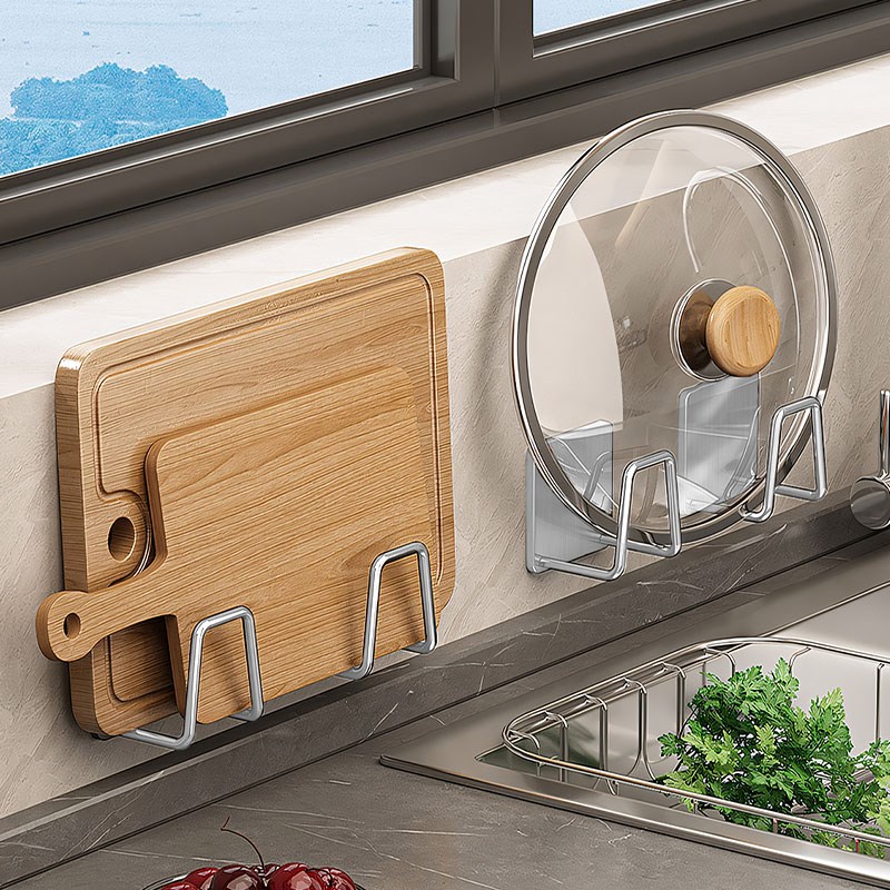 304不锈钢f菜板放置架锅盖架厨房置物架免打孔壁挂式架子墙上砧板