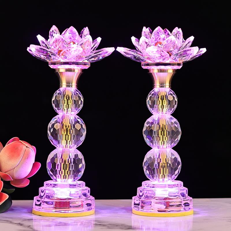 佛供灯七彩长明灯荷花灯LED水晶莲花灯莲花观音佛灯插电黄光供台