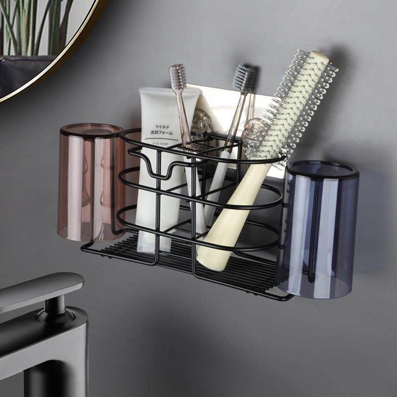 牙刷牙杯置物架轻奢2021免打孔壁挂高档情侣台面2人洗漱杯挂架子