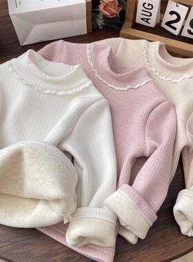 女童秋冬一体绒打底衫韩系坑条蕾丝花边半高领保暖衣服加绒上衣厚