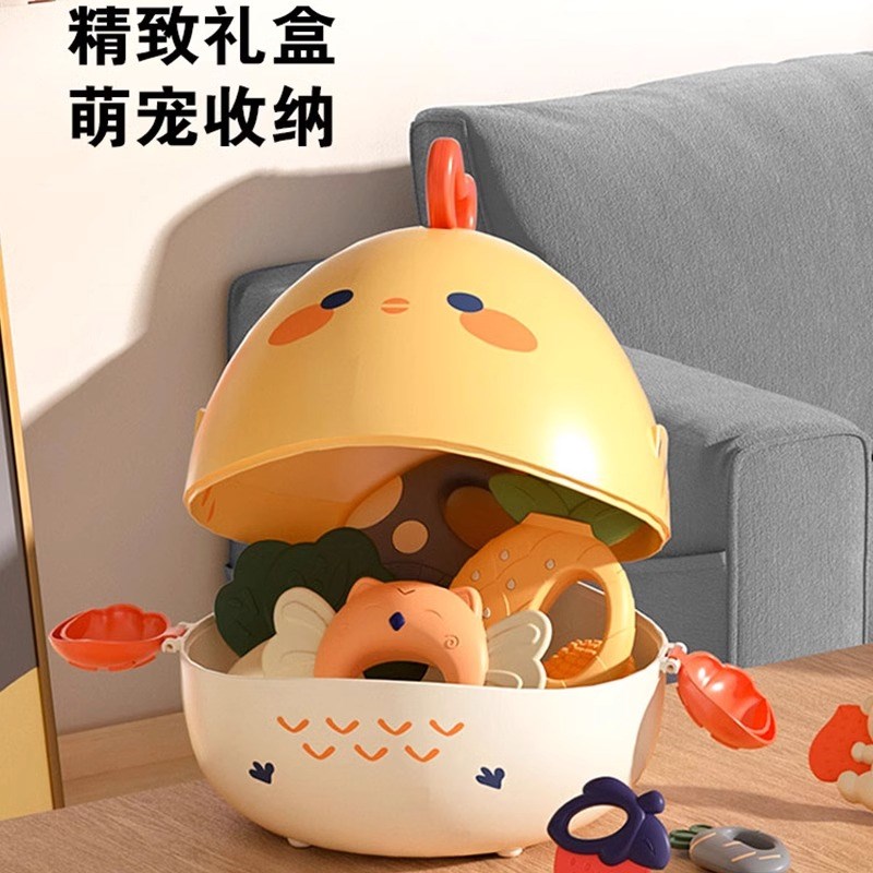 优乐恩牙胶礼盒摇铃萌萌鸡收纳盒新生婴儿礼物3-6-12个月宝宝玩具