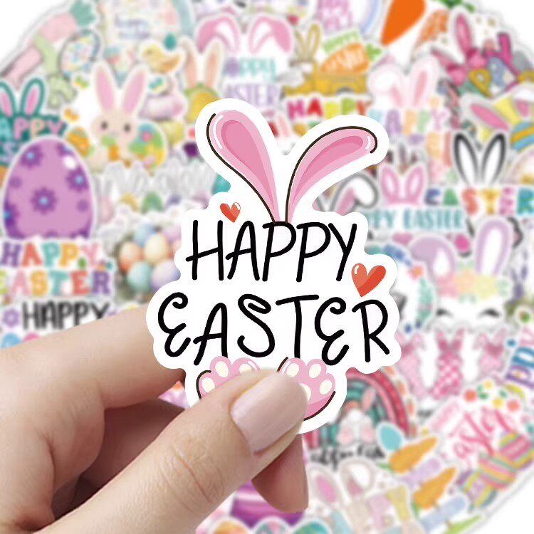 110张复活节贴纸Easter彩蛋小兔子卡通图案装饰水杯手帐防水贴画