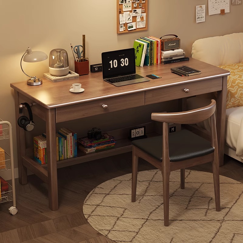 实木书房书桌简易电脑桌带抽屉办公桌卧室小户型学生家用床边桌子