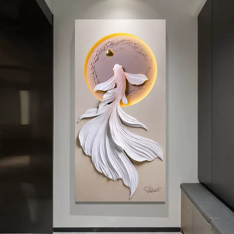 玄关九鱼图立体浮雕装饰画带灯简约现代轻奢入户走廊过道挂画图片