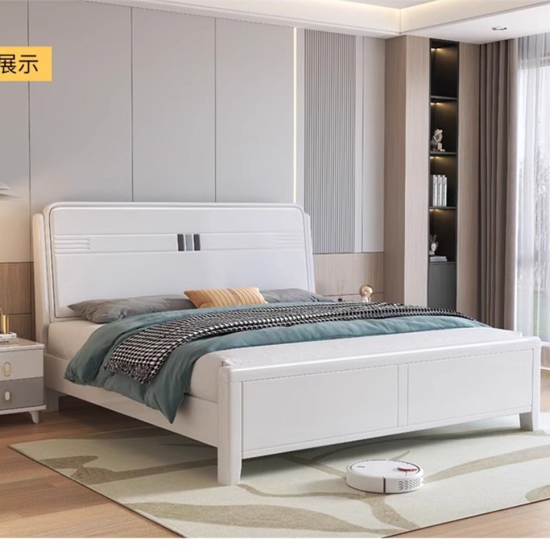 北欧白色全实木床1.8m主卧双人床奶油风小户型带储物婚床榫卯床
