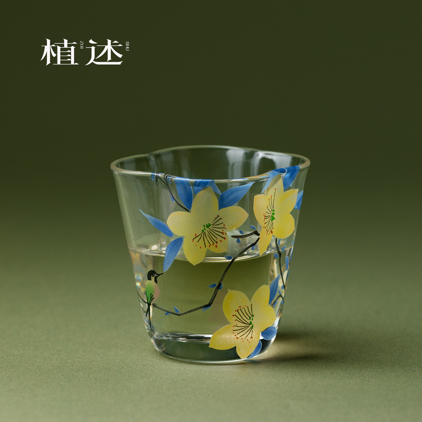 植述手绘百合花玻璃茶杯耐热透明主人杯高颜值家用客杯喝茶品茗杯