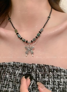 新中式国风蝴蝶项链女甜酷串珠锁骨链复古民族风颈链配饰毛衣链子