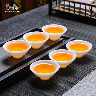 高端白瓷冰种玉斗笠杯茶杯套装 问谦堂 6只家用功夫茶具茶碗品名杯