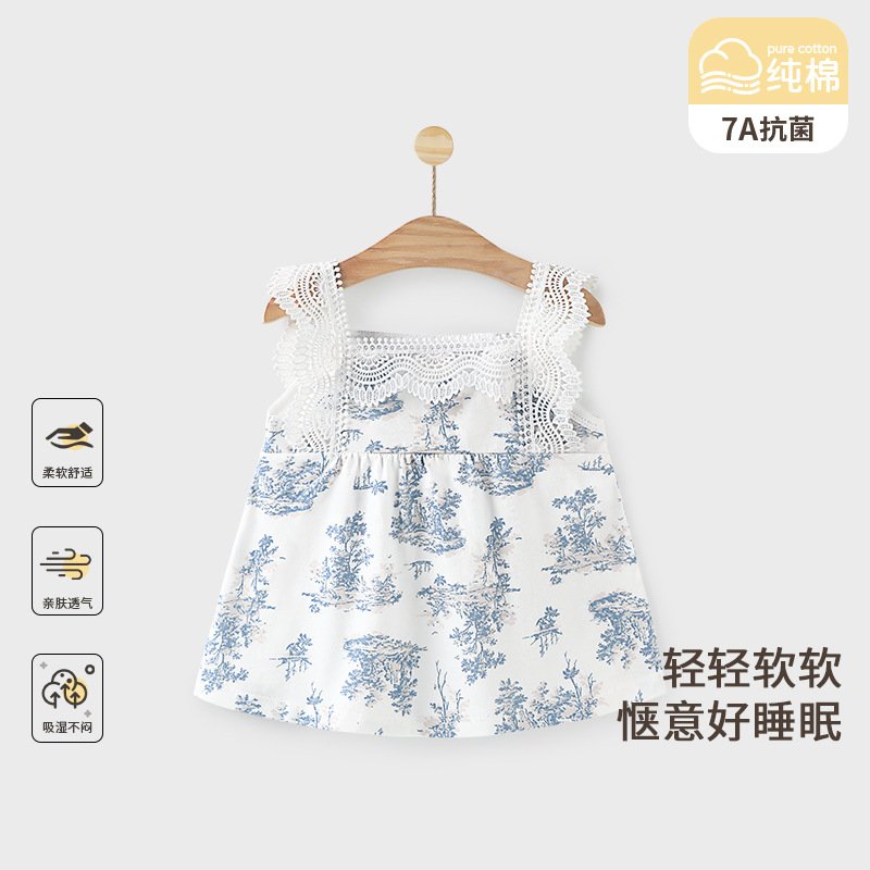 夏季纯棉baby连衣裙韩版女宝宝青花瓷碎花蝴蝶结蕾丝花边背心裙子