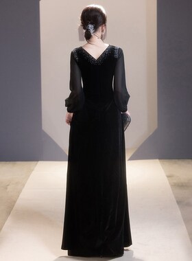黑色指挥大合唱团演出晚礼服装女长裙艺考主持钢琴演奏朗诵独唱服