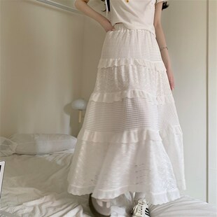 大码白色半身裙设计感温柔风蕾丝蛋糕裙子胖mm高腰中长款a字裙子