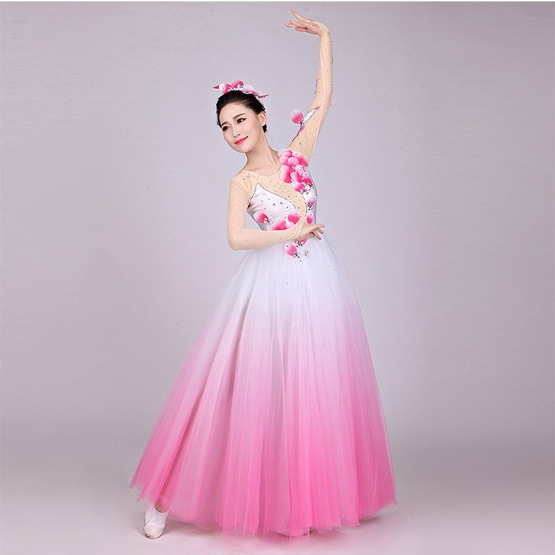 新款开场舞大摆裙女初中高中成人大合唱演出服装中国风民乐长裙