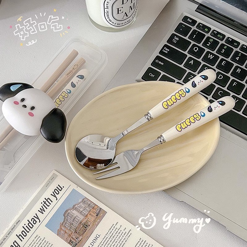 餐具套装木质筷子勺子不锈钢叉子三件套一人用儿童学生便携收纳盒