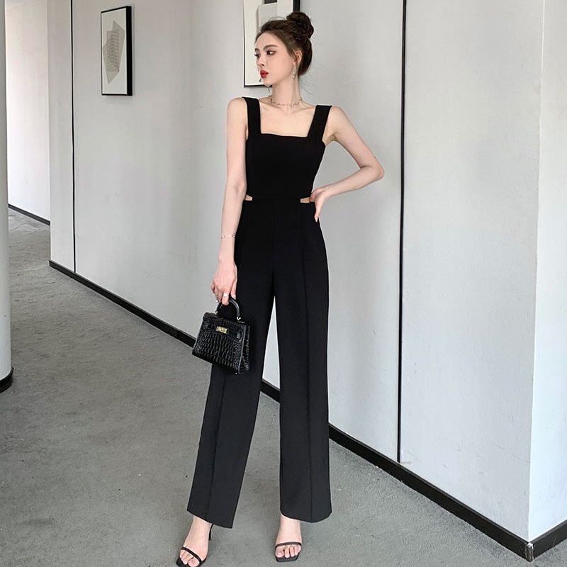 夏季镂空露腰吊带连体衣女高腰设计感背带连身阔腿长裤连体裤套装