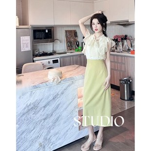 小个子夏季名媛气质御姐法式荷叶边衬衫上衣高腰半身裙两件套装女