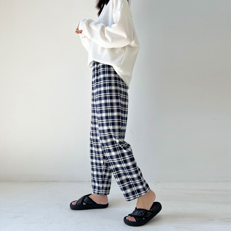 秋冬纯棉睡裤女格子家居宽松高腰加肥大码180斤可外穿磨毛绒长裤