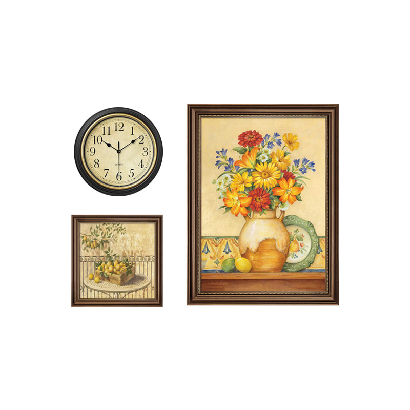 美式饭厅组合挂画带钟表客厅装饰画复古花卉艺术壁画欧式饭厅油画