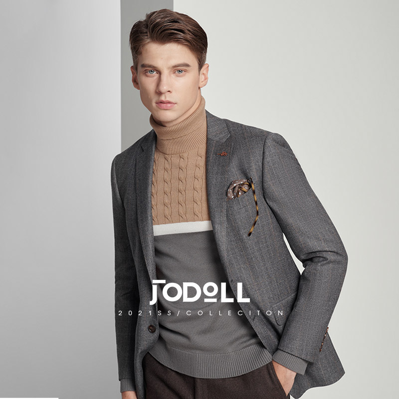 JODOLL乔顿男士纯羊毛西服外套韩版格纹修身西装上衣