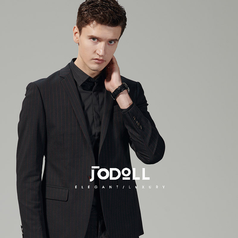 JODOLL乔顿新款男绵羊毛西服潮流时尚撞色条纹商务黑色百搭小西