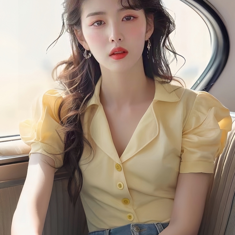 超好看黄色泡泡短袖衬衫女夏设计感甜辣修身短款衬衣别致绝美上衣