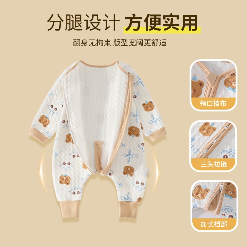 婴儿保暖睡袋秋冬款夹棉男童连体衣宝宝纯棉加厚分腿防踢被睡衣