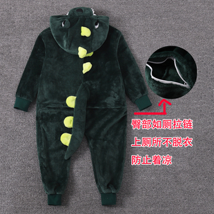 秋冬儿童法兰绒连体睡衣动物恐龙卡通男童小孩女童宝宝加厚家居服