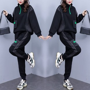 冬季加绒加厚时尚套装女大码宽松立领卫衣绒拼接牛仔裤子两件套服