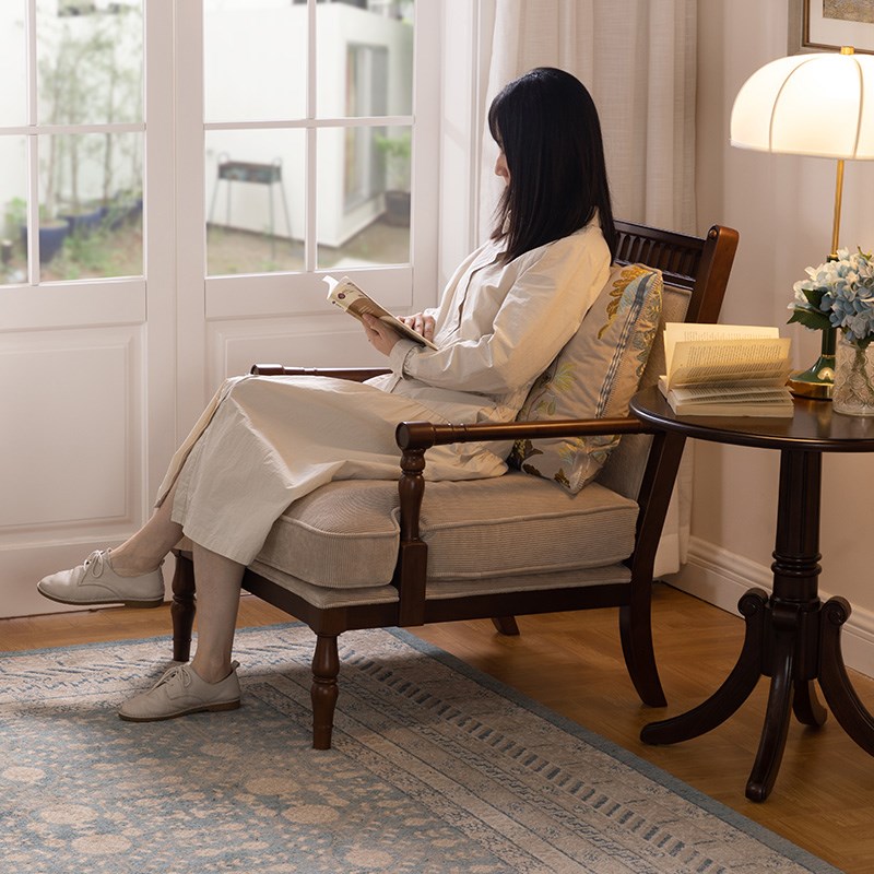 和年美家法式复古实木单人沙发美式乡村布艺老虎椅休闲带扶手椅子