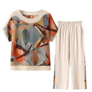 夏季年轻妈妈款大码雪纺衫短袖T恤套装中年洋气婆婆女士上衣夏装