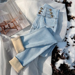 超厚款~浅色高腰加绒牛仔裤女冬季蓝白色弹力紧身显瘦小脚铅笔裤