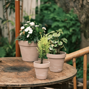 春花秋月北欧简约粗陶手绘画红陶土多肉摩卡色大口径蕨类植物花盆