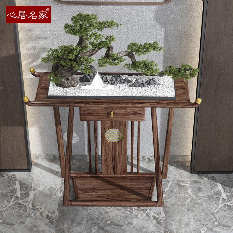 心居名家实木玄关台乌金木新中式客厅家具门厅玄关桌胡桃木色