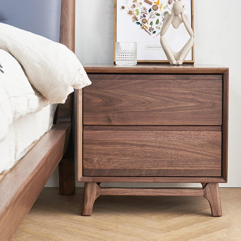 北美黑胡桃木床头柜床边柜新中式卧室收纳柜实木抽屉柜二斗柜灯桌