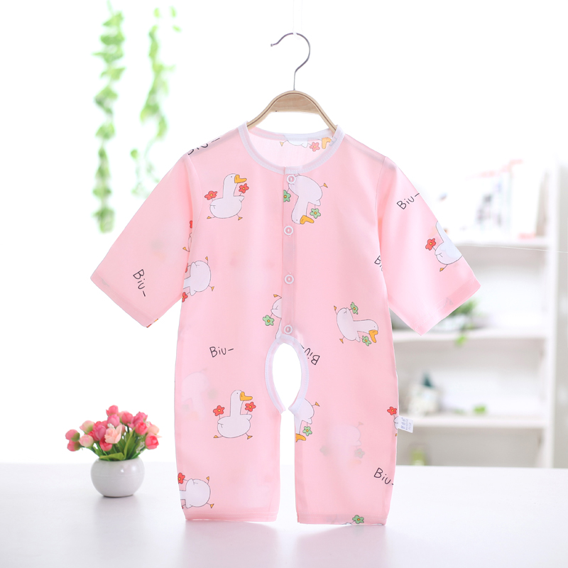 女宝宝男婴儿绵绸开档连身4长袖5衣服6睡衣7夏季8棉绸0岁12个月9
