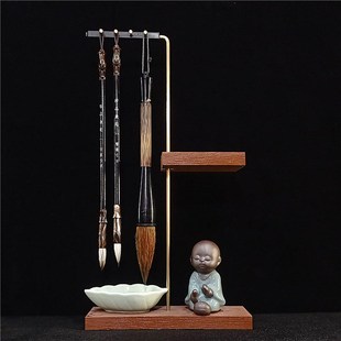 铜杆笔架毛笔挂毛笔学生墨碟黄铜摆件挂笔卖笔实木架毛笔架创意架