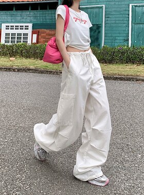 KRO美式白色复古宽松阔腿裤抽绳工装裤百搭显瘦可束脚休闲裤女潮