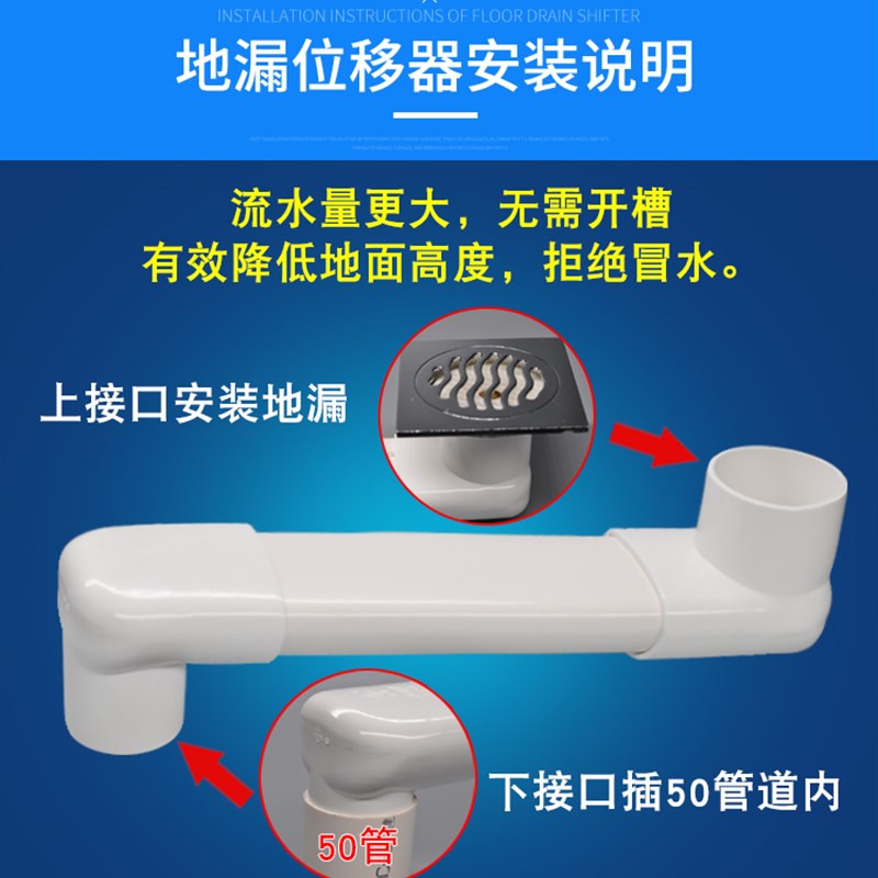 75可调长度扁管地漏移位器扁管配件阳台卫生间洗衣机脸盆下水管