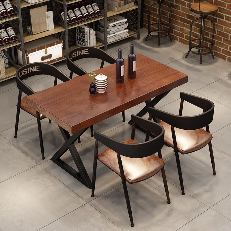 复古清吧烧烤店实木餐桌工业风餐厅长方形铁艺咖啡音乐厅桌椅组合
