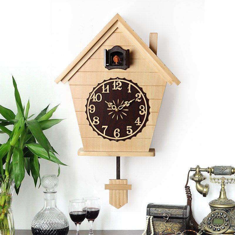 欧式实木布谷鸟钟原木简约摇摆挂钟客厅家用整点报时咕咕音乐钟表