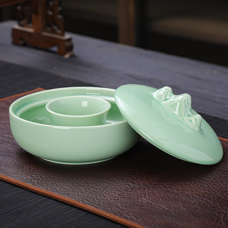 不干墨砚台墨盘装墨水笔洗简约文房四宝多功能毛笔架陶瓷墨碟带盖