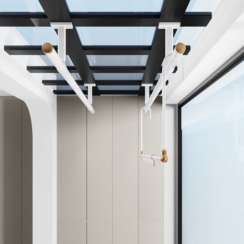 包安装白色上下双层杆伸缩阳台防风卡槽定制晾衣杆重载顶装晾衣架